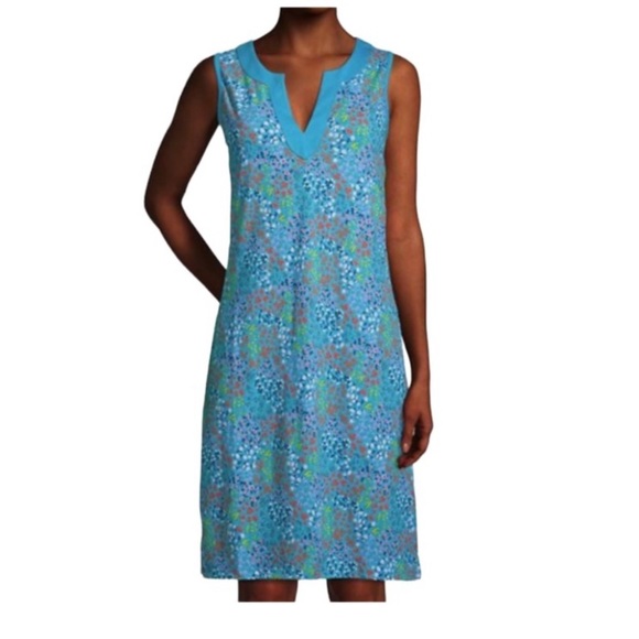 Lands' End Dresses & Skirts - ⭐️ Lands’ End Blue Notch Neckline Floral Jersey Knit Dress